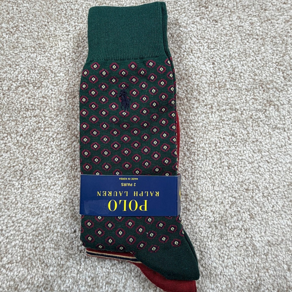 Polo Ralph Lauren Mens Dress Socks 2 Pairs Green Diamond Red Striped Size 10-13